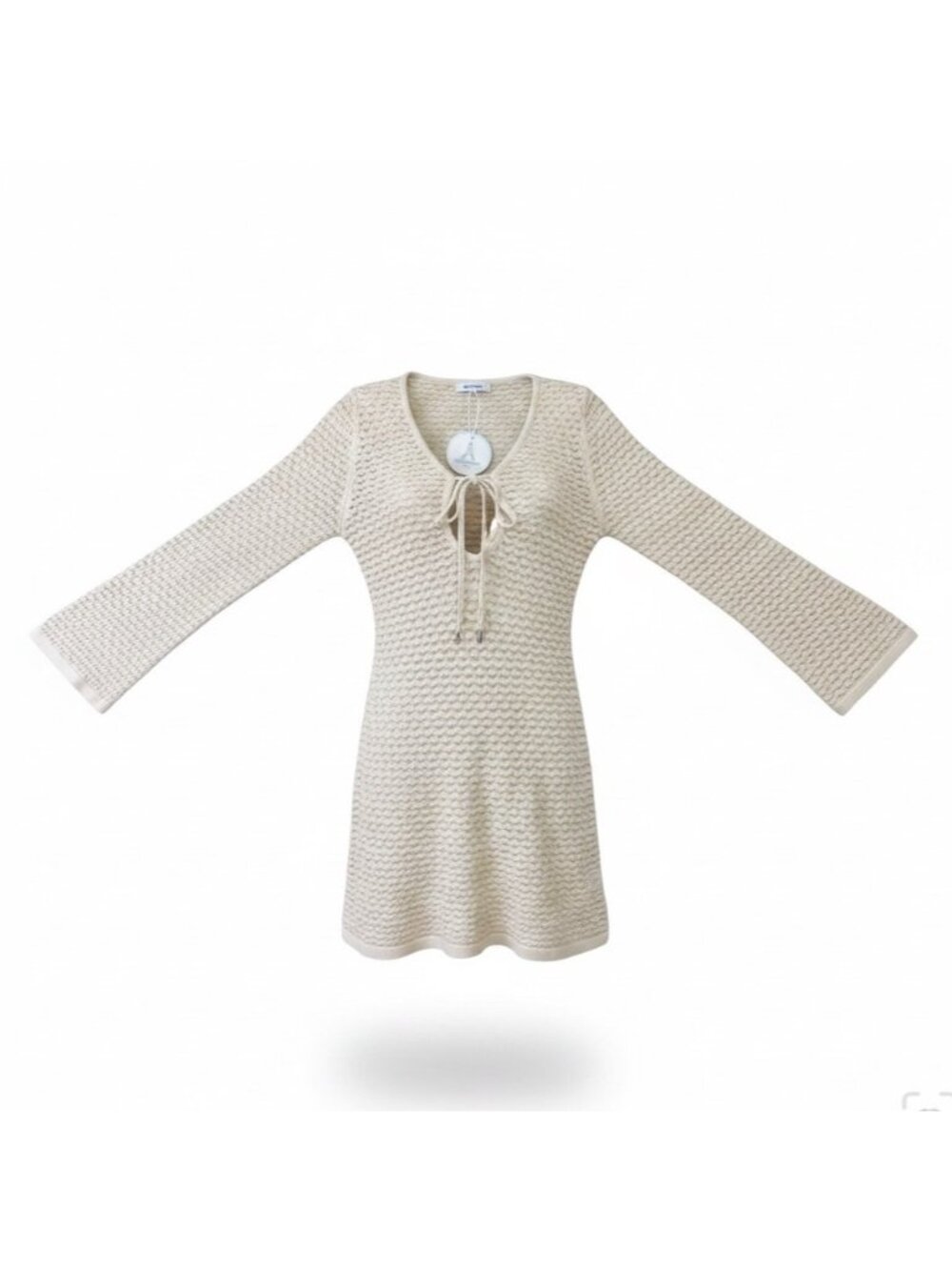 Anrabess Women Beige Long Sleeve Knit Tunic With Tie Neck Size S